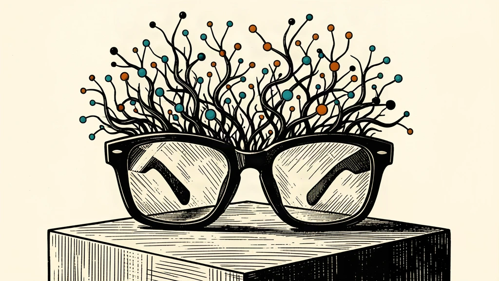 A pair of high-tech glasses on a pedestal with complex AI structures growing out of the lenses.