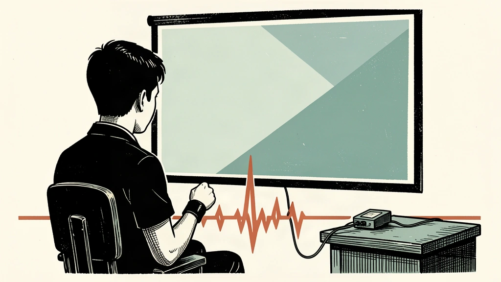 An editorial illustration of a student wearing a heart monitor while facing a blank screen, with a sharp pulse line cutting through the foreground.