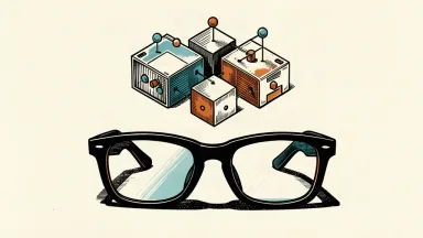 An editorial illustration of AR glasses projecting a floating geometric structure of cubes and nodes, representing enterprise software integration.