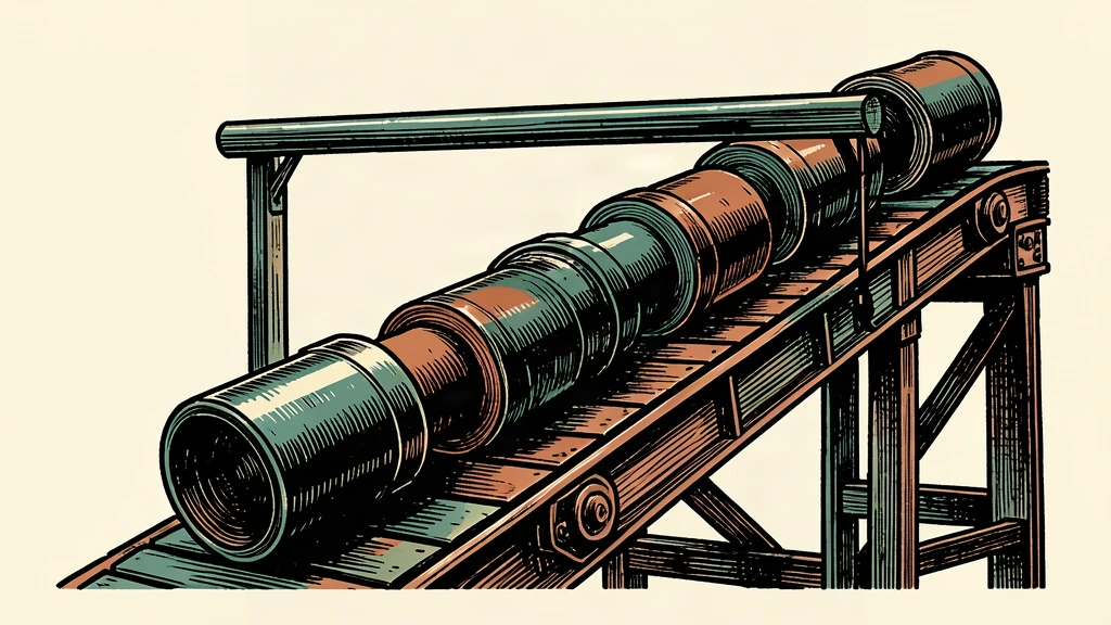 A heavy industrial conveyor belt lifting metal cylinders past a high horizontal threshold.