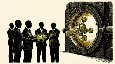 Meta launches enterprise AI business: professional silhouettes receive glowing geometric nodes from a large open vault.