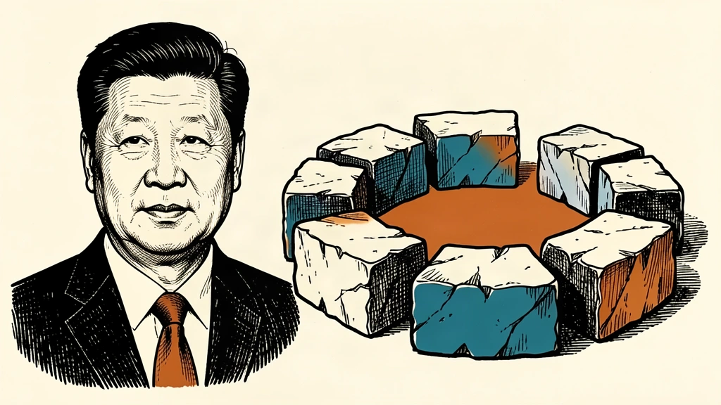 An editorial illustration showing a portrait of Xi Jinping next to five interlocking stone blocks forming a stable ring. Identity photo references adapted into illustration: Официальный веб-сайт Президента Российской Федерации (CC BY 4.0; https://creativecommons.org/licenses/by/4.0); source https://commons.wikimedia.org/wiki/File:Chinese_President_Xi_May_2024.jpg