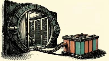 Hut 8 secures a $1.07 billion credit facility: an open industrial vault door reveals a data center connected to a large power storage unit.