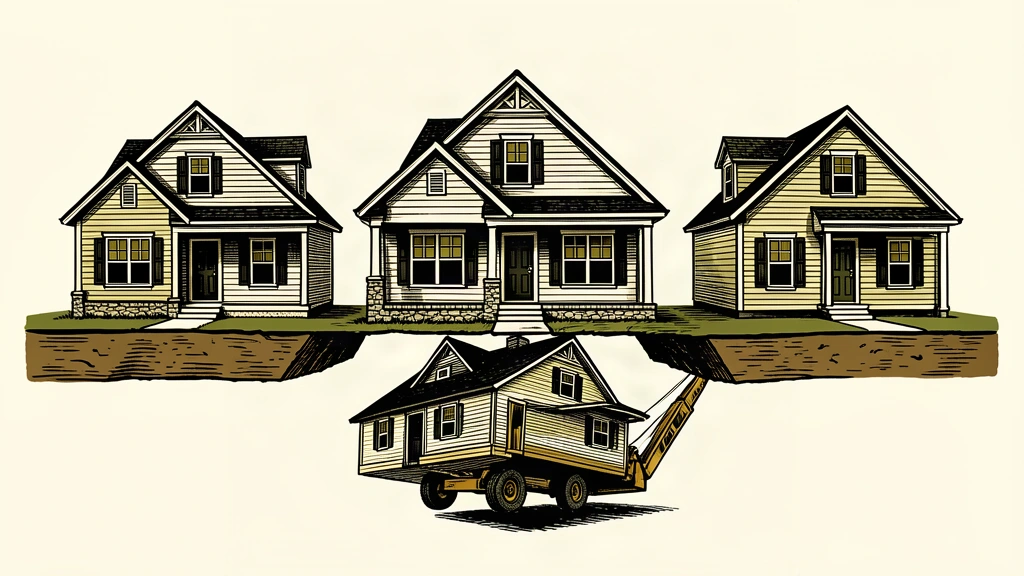 A suburban house is shown being lowered into the ground on a platform, creating a visible step down from the adjacent houses.