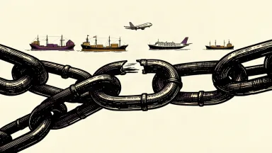 A heavy iron chain is being pulled apart to reveal a clear path for ships and planes in the distance.