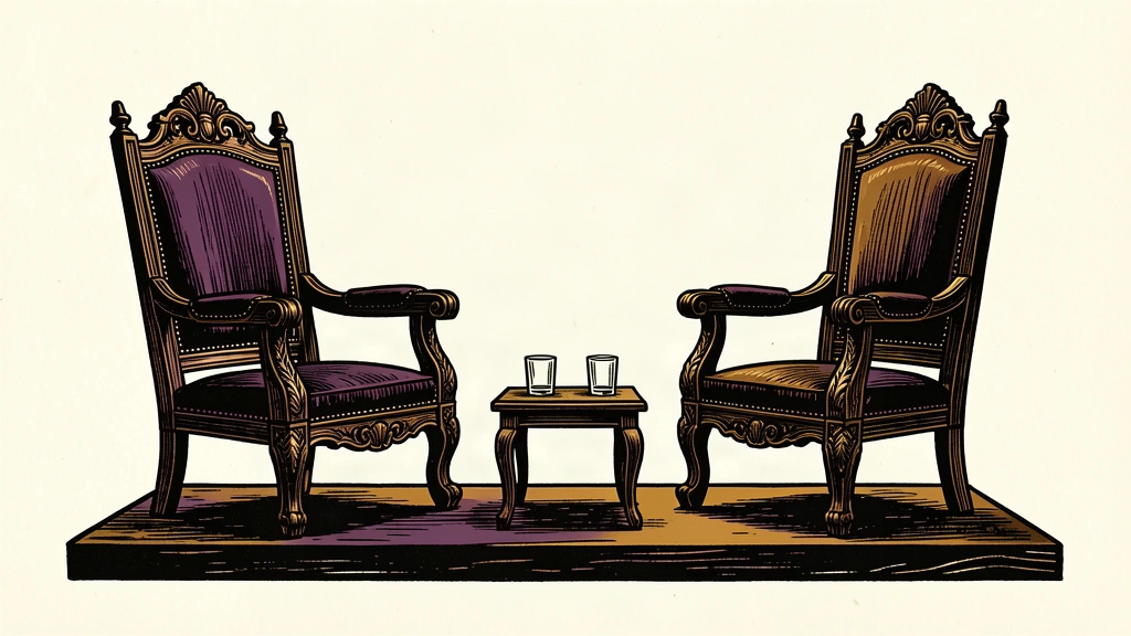 An editorial illustration of two empty formal chairs facing each other, representing a diplomatic meeting.