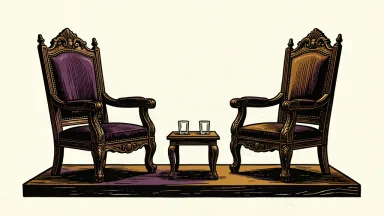 An editorial illustration of two empty formal chairs facing each other, representing a diplomatic meeting.