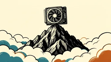 Nvidia shares at an all-time high: a large computer graphics chip sits at the peak of a high mountain above the clouds.
