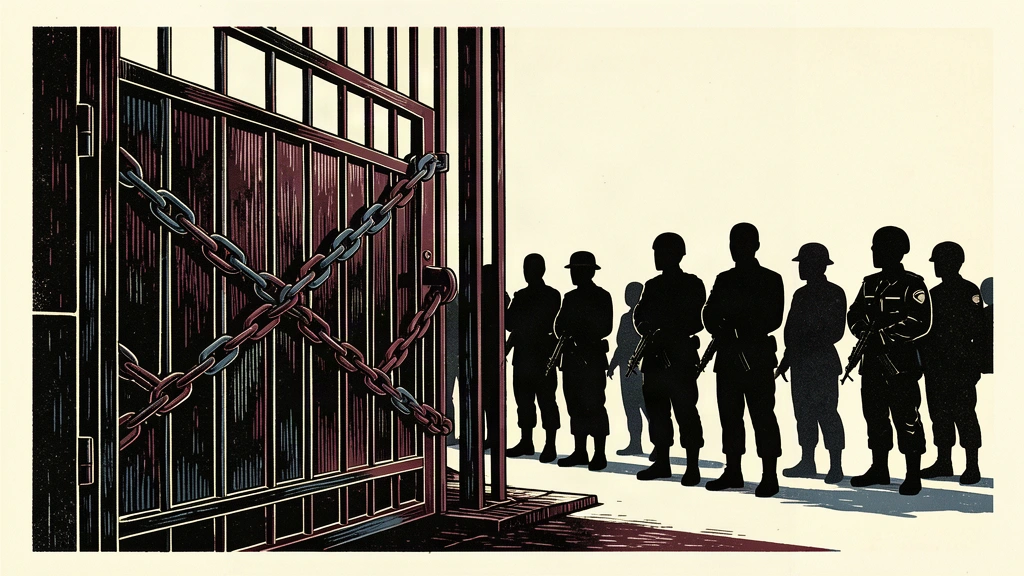An editorial illustration showing a heavy iron gate with a thick chain, separating a group of soldiers from the viewer to represent a red line and a warning of direct conflict.
