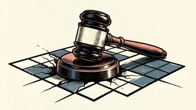 AppLovin faces a shareholder lawsuit: a heavy gavel presses down on a warping digital grid.