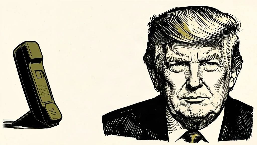 An editorial illustration featuring a portrait of Donald Trump next to a modern telephone handset standing alone. Identity photo references adapted into illustration: Daniel Torok (Public domain; https://commons.wikimedia.org/wiki/File:Official_Presidential_Portrait_of_President_Donald_J._Trump_(2025).jpg); source https://commons.wikimedia.org/wiki/File:Official_Presidential_Portrait_of_President_Donald_J._Trump_(2025).jpg