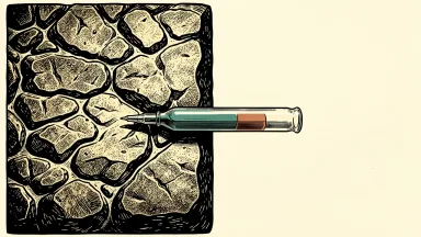 Biogen's litifilimab shows durable skin clearance in lupus study: a rough, textured stone surface transitions into a smooth, clear finish under a laboratory pipette.