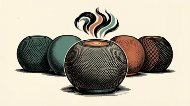 Apple HomePod mini 2 launch: a spherical smart speaker with a mesh texture sits in front of a row of speakers, with a glowing wave pattern on top.