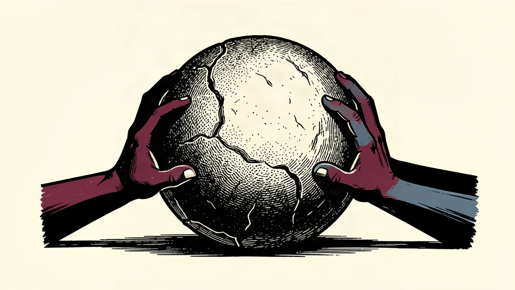 An editorial illustration showing two pairs of hands stabilizing a large stone sphere to prevent it from moving.