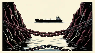 Iran and the Strait of Hormuz: a heavy iron chain stretches across a narrow sea passage between two cliffs, blocking a distant cargo ship.