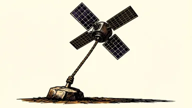 AST SpaceMobile facing a securities fraud lawsuit: a satellite tethered to a heavy stone anchor on the ground.
