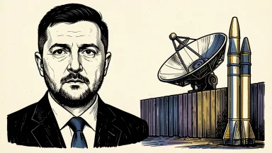 Volodymyr Zelensky beside a Starlink dish and Patriot missile canister partially blocked by a thick vertical barrier. Identity photo references adapted into illustration: President Of Ukraine from Україна (CC0; http://creativecommons.org/publicdomain/zero/1.0/deed.en); source https://commons.wikimedia.org/wiki/File:2025_Volodymyr_Zelenskyy_(cropped).jpg