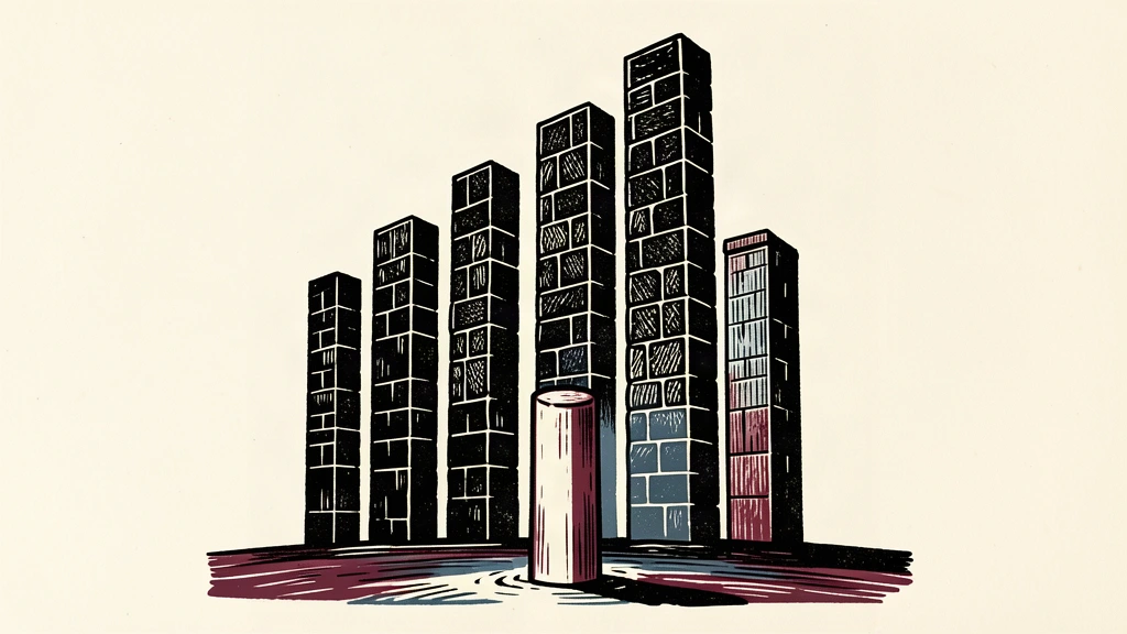 A conceptual illustration showing a cluster of tall, rising stone pillars contrasted with one significantly shorter pillar in the foreground.