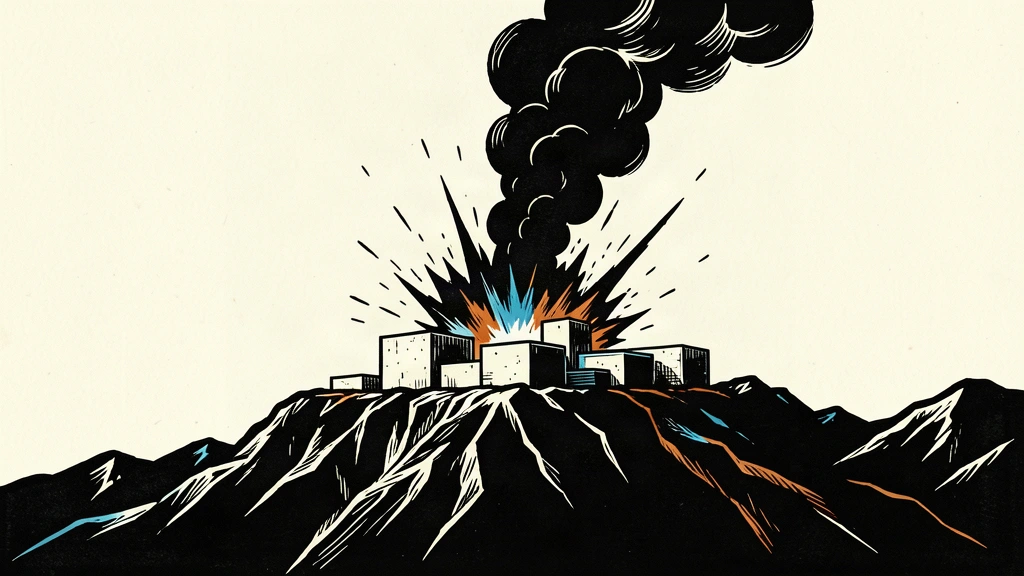An editorial illustration showing a mountain ridge where a cluster of concrete structures is being destroyed by a large, dark pressure burst and rising smoke.