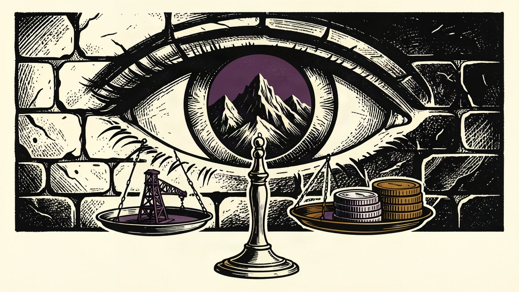 An editorial illustration showing a large eye carved in stone watching a balance scale with an oil derrick and coins.