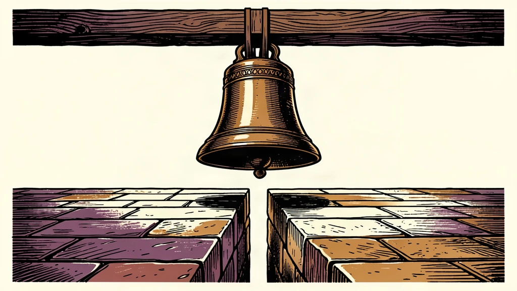 An editorial illustration of a large bell hanging over a floor that has dropped on one side, representing a lower market open.