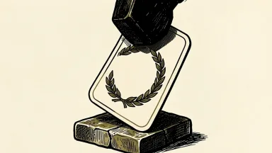 Caesars Entertainment credit rating downgrade: a royal playing card on a pedestal is pressed down by a heavy weight.