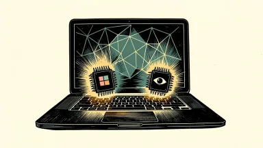 Microsoft and Nvidia AI models for local devices: a laptop with two glowing microchips on its keyboard representing local AI processing.