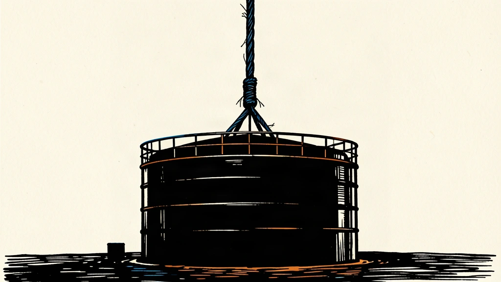 A large oil storage tank is being pulled upward by a heavy, straining cable, representing the rising price of Brent crude due to geopolitical tension.