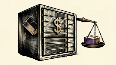 Arista Networks CEO stock sale: a network server rack beside a balance scale where a heavy stone lifts a stack of shares.