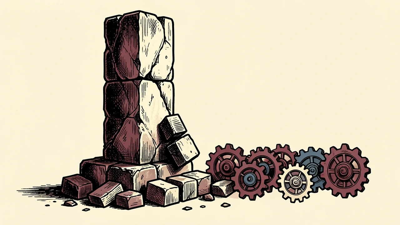 U.S. pension funds selling stocks: a large stone pillar has blocks removed from its base near a row of mechanical gears.