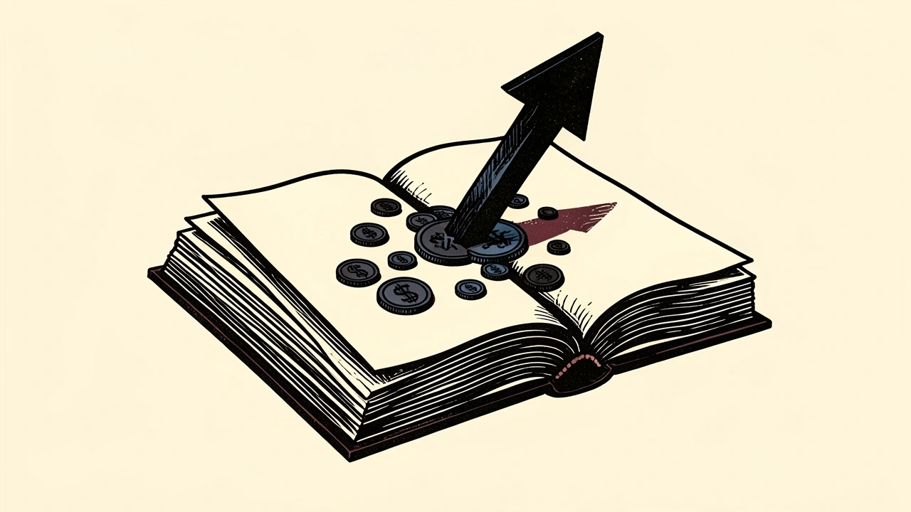 A rising arrow pierces an open book, scattering coins to represent increased fiscal pressure from higher bond yields.