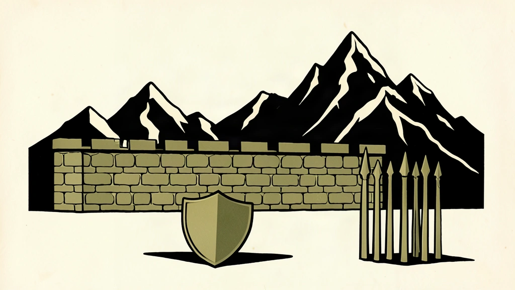A linocut illustration of a stone wall and shield representing a defensive military halt in a mountainous region.