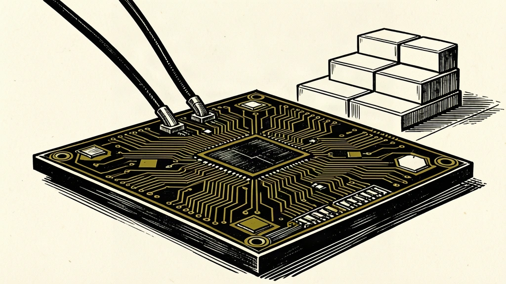 A quantum processor chip connected to two heavy cables representing government deals, with rising silicon wafers in the background.