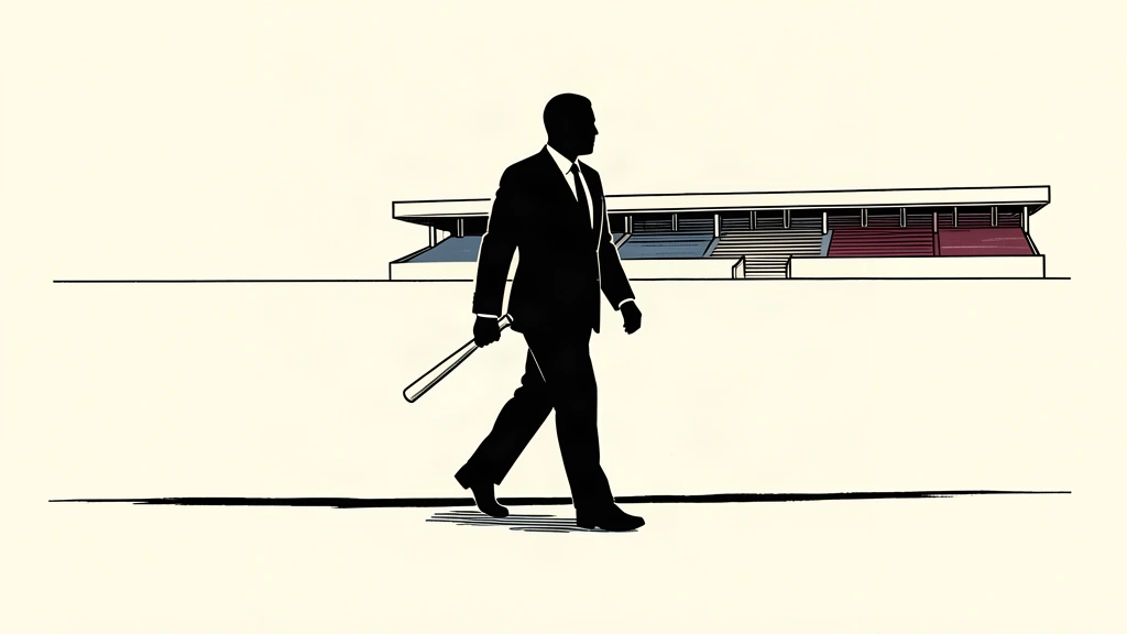 A silhouette of a diplomat carrying a relay baton across a stark divide toward a distant stadium.