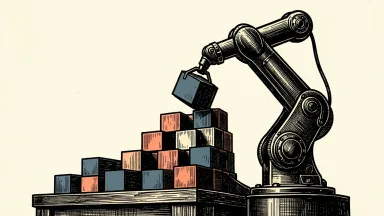 Robo.ai revenue forecast: a large industrial robotic arm adds a block to a tall, rising stack on a platform.