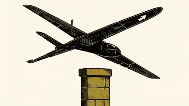 AeroVironment (AVAV) coverage initiated with an Outperform rating: a sleek fixed-wing drone glides upward from a solid stone pillar.