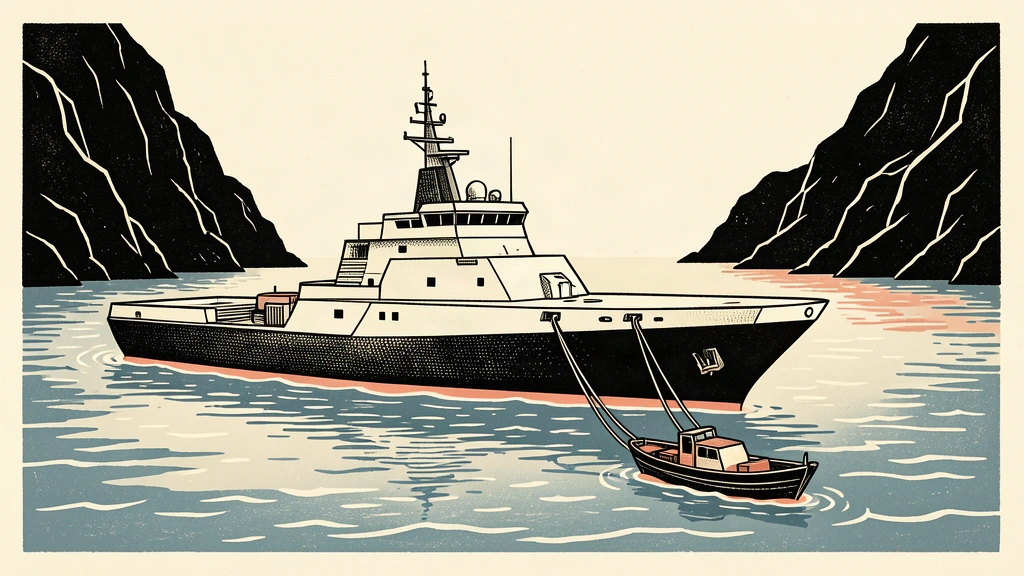 A large naval ship lowering a small investigation boat into a narrow, rocky strait.