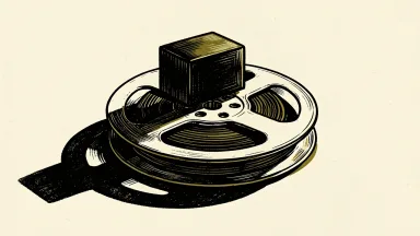 Skydance price target cut by Barclays: a film reel on a flat surface is pressed down by a heavy dark block.