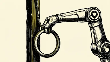 UiPath price target set by DA Davidson: a robotic arm reaching toward a vertical post as a heavy metal ring is lowered over it.