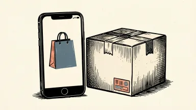 Walmart app-based curbside pickup: a large smartphone with a shopping bag icon stands next to a cardboard box.