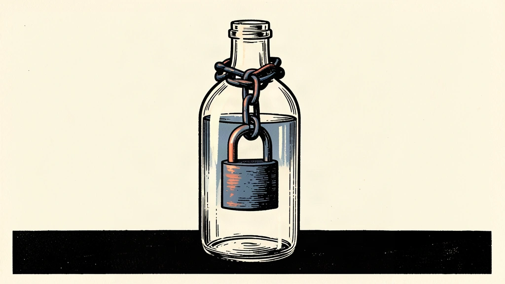 A large glass water bottle is secured by a heavy chain and padlock against a clean ivory background.