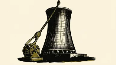 Vistra nuclear power expansion supported by a US loan: a large nuclear cooling tower is hoisted upward by a heavy industrial cable.