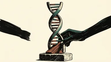 REGENXBIO initiated with Outperform rating: a large DNA helix on a stone base is tilted upward by a supportive wooden wedge.
