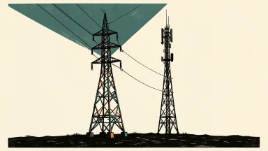 Ukraine's potential targeting of Russian infrastructure: a tall electrical tower and a communications mast highlighted by a sharp beam of light.