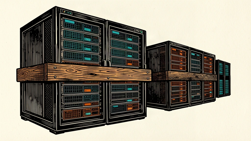 An editorial illustration showing a server rack blocked by a heavy wooden beam while another rack continues to operate in the background.
