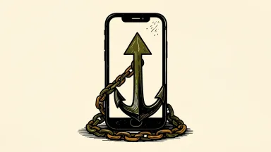 AppLovin faces a securities class action: a rising arrow on a smartphone screen is held back by a heavy anchor and chain.