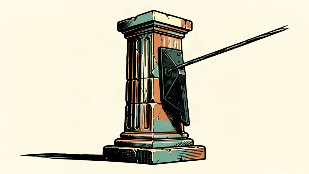 A large stone pillar under pressure from a heavy iron wedge held by a taut cable.
