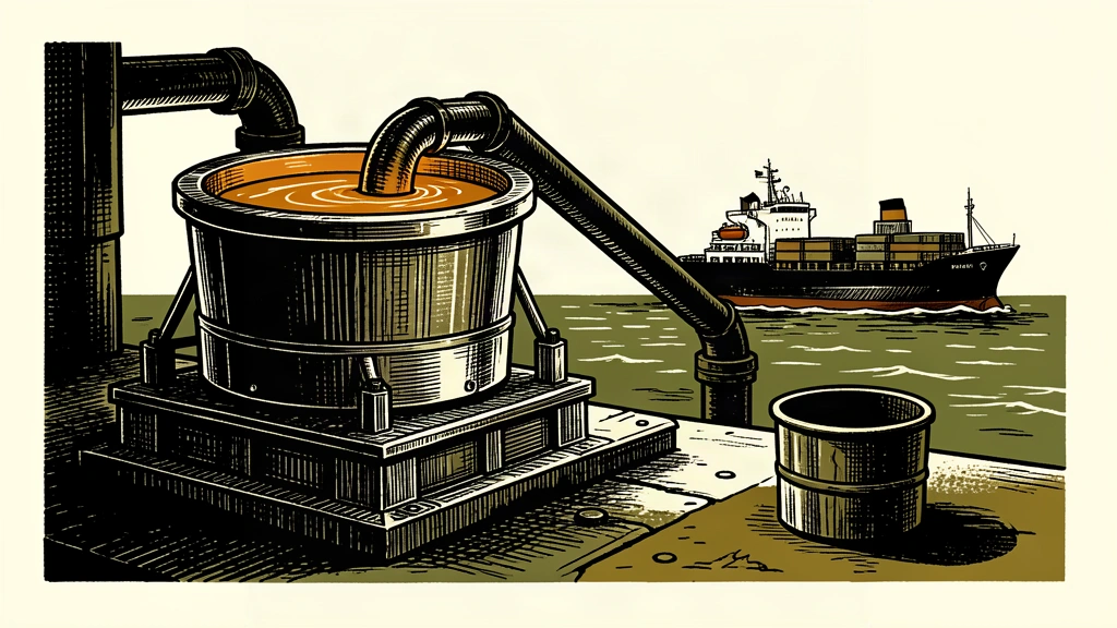 An industrial scene showing a large vat of molten metal being piped toward a distant cargo ship, leaving a local container empty.