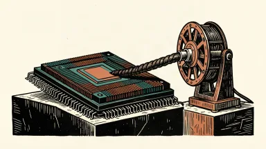 A large AI chip being connected to a heavy power conduit by a mechanical winch.