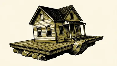 KB Home under pressure from a Sell rating: a suburban house on a wooden board tilting downward under the weight of a heavy stone.